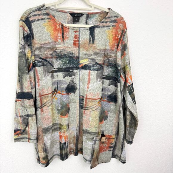 Ali Miles Womens Pullover Blouse Top Size 1X Artsy Abstract Comfy Casual Gray - Picture 1 of 7